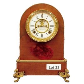Lot 33 - Turn of the Century Ansonia Porcelain Dial with Velvet case Shelf Clock. 8 Day time and strike. 14" tall.