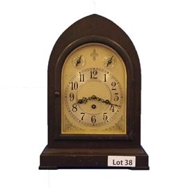 Lot 38 - Turn of the Century Mahogany Seth Thomas Shelf Clock. 8 Day time and strike, with Westminster Chime. 15" tall.
