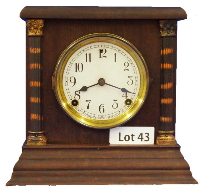 Lot 43 - Turn of the Century Sessions Shelf Clock. 8 Day time and strike. 10 1/2" tall.