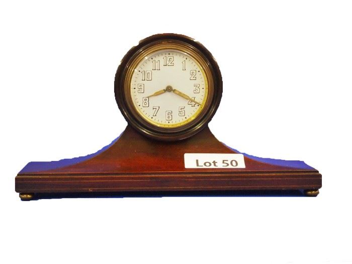 Lot 50 - Turn of the Century Mahogany Mantle Clock, marked "Duverdrey & Bloquel, France". 8 Day time only. 7 1/2" tall.