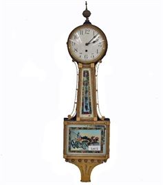 Lot 5 - Turn of the Century  American Waterbury Banjo Clock, "Willard #3". 8 Day Time only. 36" tall.