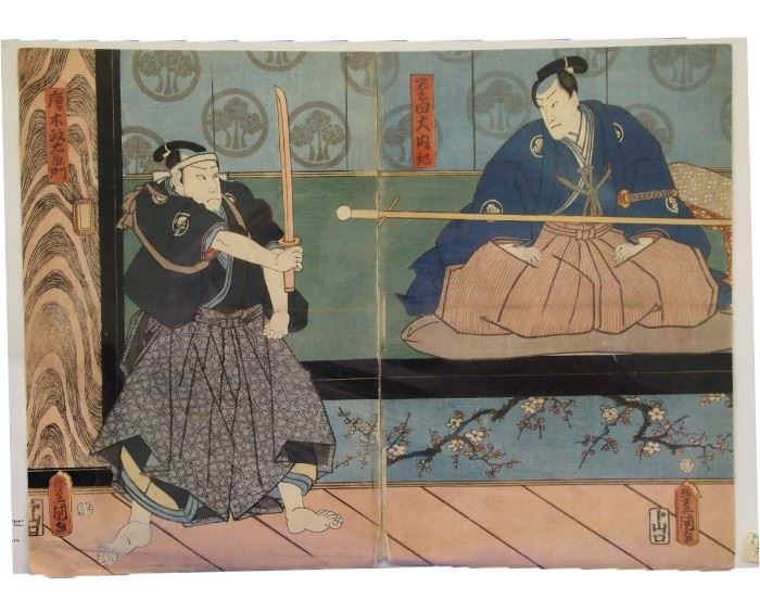 Japanese Woodblock by Utagawa Kunisada (Toyokuni III), 1859 - Two sheets of an original triptych scene.  