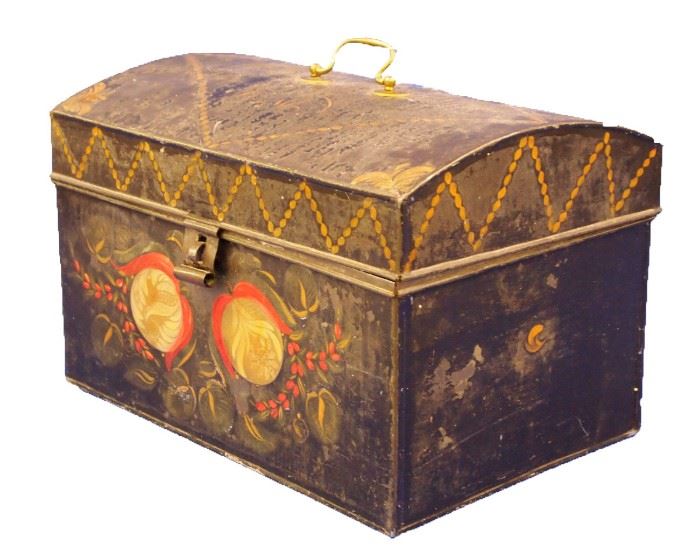19th C. Tole Box - An early document box featuring a domed lid and polychrome floral decoration.