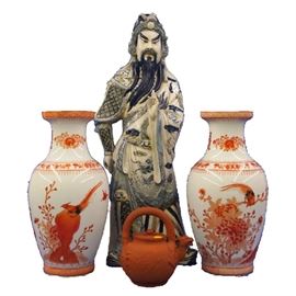 Chinese Porcelain & Pottery - Vases in the manner of orange Fitzhugh, red clay tea pot,  blue and white figure