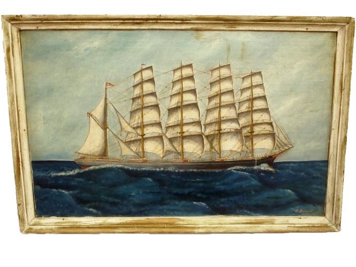 'Schooner' Oil on Canvas by John P. Benson (American, 1865-1947) 
