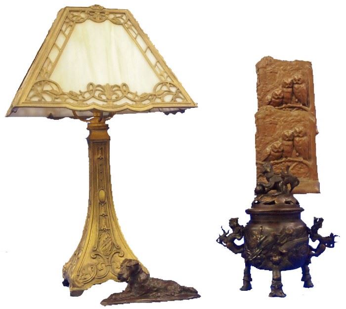 Panel Lamp, Bronze Bookends, Bronze Airedale by R.H. Stoll & Bronze Senser