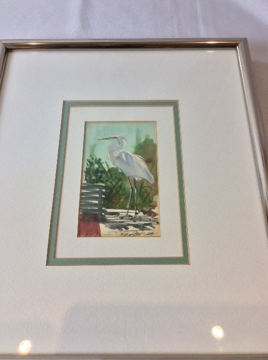 Millard Wells (1921-2012), American Watercolor Society.  Egret Watercolor. Art Size 5" x 7". Frame Size 12" x 14". 