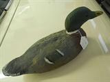 OLD WOOD DECOY WITH GLASS EYES- SIGNED S ON BOTTOM