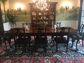 Hekman burl wood Dining Room table, six side chairs, two arm chairs, Hekman lighted china cabinet