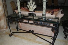 GLASS TOP SOFA TABLE - ONE CORNER "AS IS" WITH CHIP IN GLASS. DECOR SOLD.