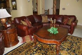 LEATHER SECTIONAL SOFA, COFFEE AND END TABLES, AREA RUG
