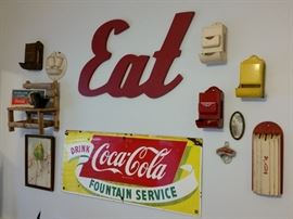 Vintage Coca Cola 'Fountain Service' sign, Coca Cola bottle opener, match dispensers, and more