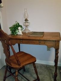 Small antique oak writing desk and oak chair