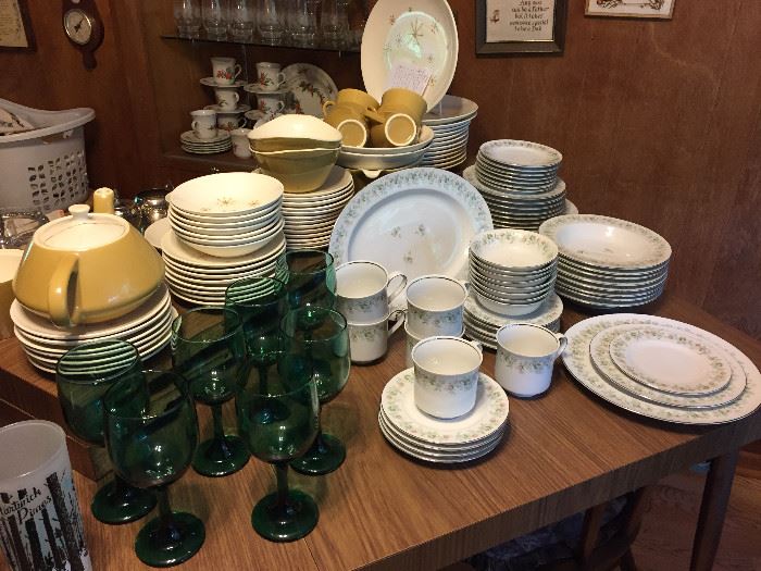 Johann Haviland China Set "Forever Spring"; Blue Green Stemware; Retro "Star Glow" Royal China Dinnerware Set; Retro Wood Looking Table with Two Leaves, and much more!