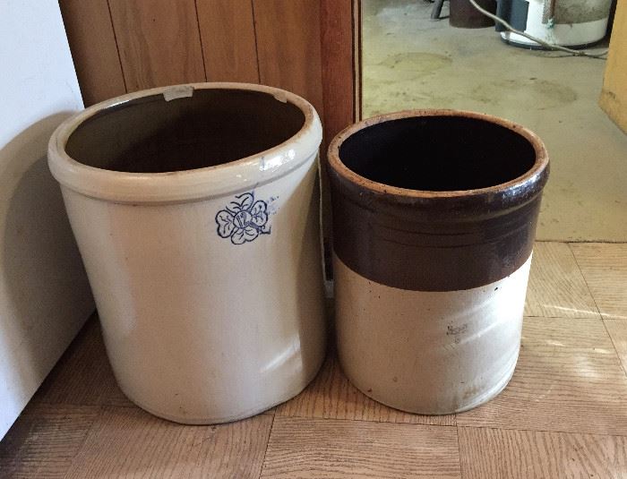 12 Gallon Miller Pottery (Alabama) Crock (on left side); and unknown Brown Eagle US 8 Gallon Crock (on right side)