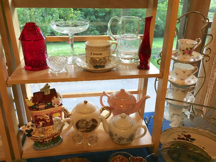 Assortment of elegant, depression, pressed, leaded, crystal and molded glass, tea cups, teapots, art glass, and so much more!