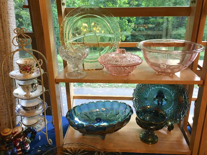 Assortment of elegant, depression, pressed, leaded, crystal and molded glass, Carnival Glass, teacups and much more!