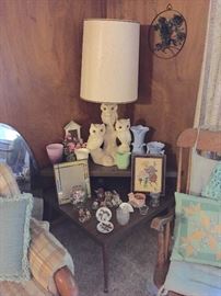 Retro corner table, pottery, vintage frames, prints, and smalls galore!