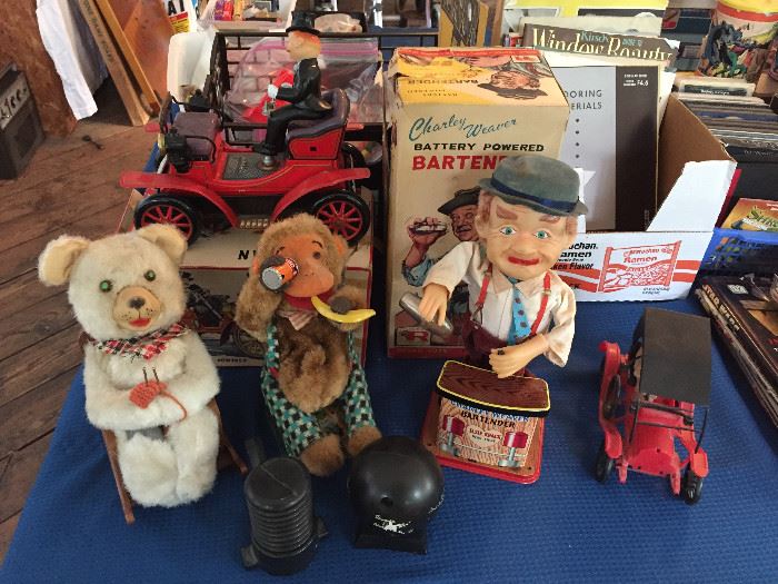 Vintage Battery Operated toys... Charley Weaver Bartender, Cragstan Shaking Antique Car, Alps Monkey and a Rocking Bear!!!