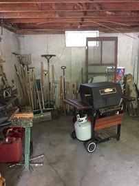 Propane Grill, Loads of yard and garden tools, gas cans, vintage screen door and so much more!!