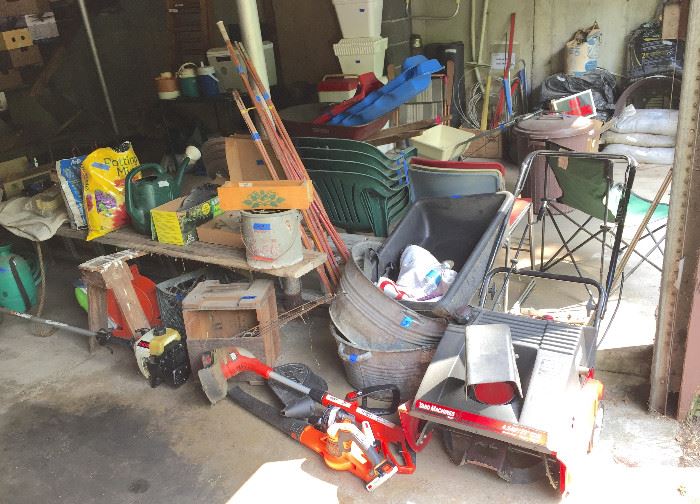Snow Blower, Black & Decker Trimmer, Ryobi Trimmer, Galvanized Tubs, Old Minnow Bucket, Bamboo Fishing Poles, Yard & Garden Product and so much more!
