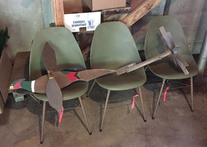 Vintage Green Plastic Chairs and some wonderful Handcrafted Wood Whirleygig tops.