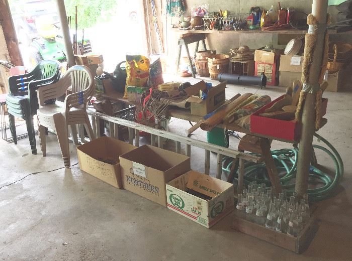 Loads of patio chairs, tire chains, vintage case of Pop Bottles and Wood Crate, Aluminum Ladder, hoses, yard & garden product and so much more!!!!