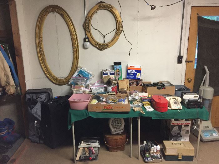 Loads of supplies for home and garage, luggage, fishing supplies, vacuum cleaners, antique frames and more.  Some great vintage collectibles as well.