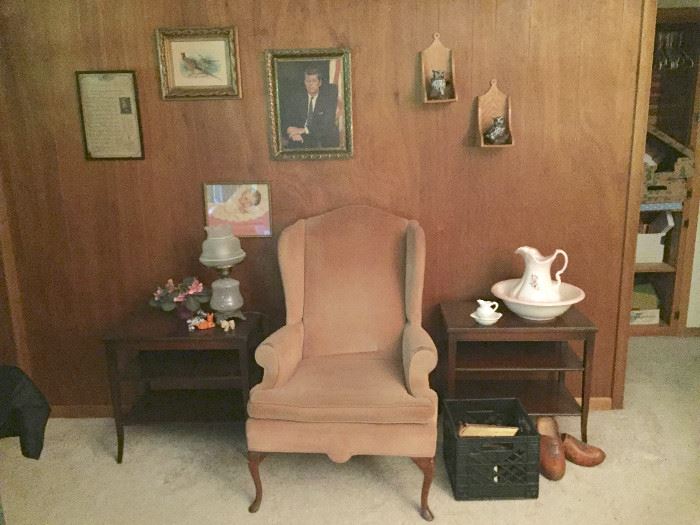 Gold Wingback Chair, Two Matching Grand Rapids Side Tables, Bowl & Pitcher, Handcrafted Wooden Clogs from the Netherlands and some intriguing Framed Art and Prints.