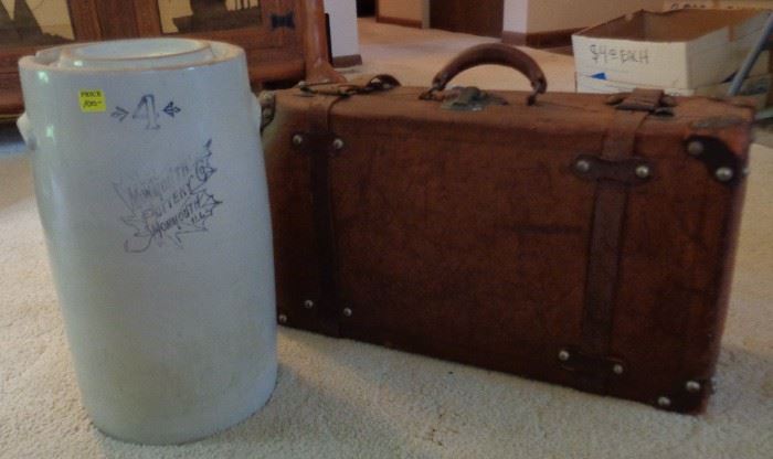 Monmouth Pottery 4 gal Butter Churn & 1930's Leather Suitcase with straps - very clean inside & out.