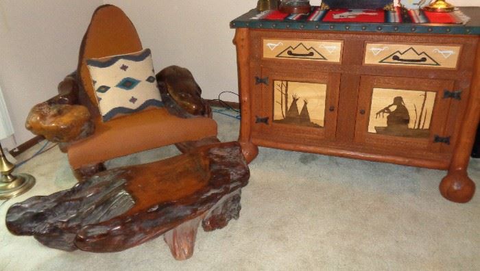 Custom Made Western Chair & Buffet.. Chair is Redwood with a petrified wood insert in the one armrest. The buffet is one of a kind handmade & hand carved.