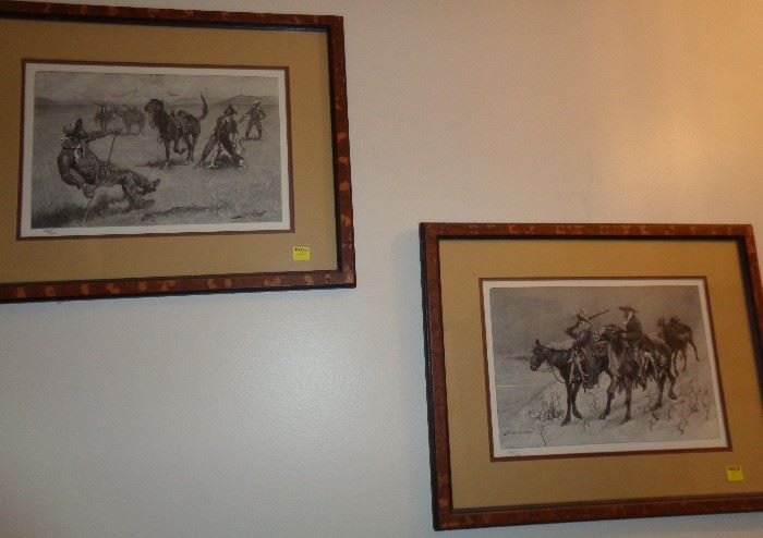 LE Frederic Remington Cowboy wood block prints on left is "Teaching a Mustang Pony to Pack Dead Game" #389/1950 & on right is "Thanksgiving Dinner for the Ranch" #636/1950
