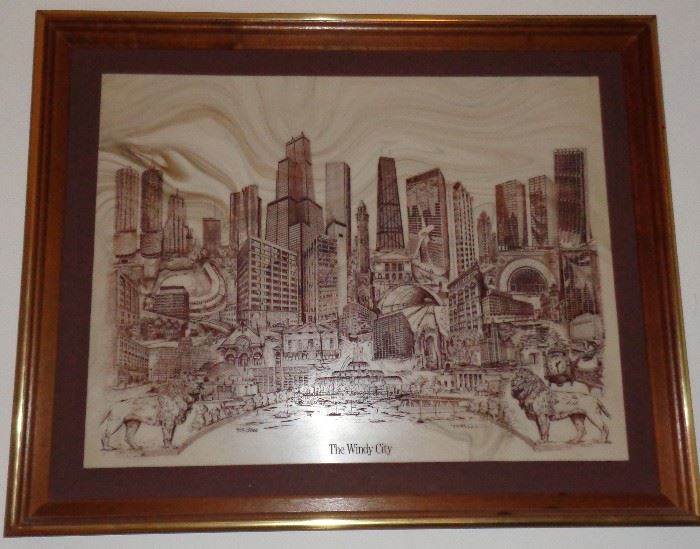 Man Made Marble engraving  collage of "The Windy City".  Beautifully done highlights of Chicago.