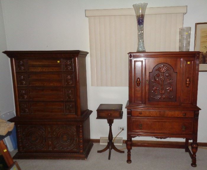 Men's high boy dresser, small square antique table, antique buffet