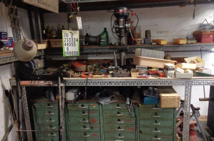 Vintage metal drawer cabinets, drill press & misc. tools