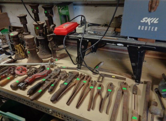 vintage tools, wrenches, pliers, Skil router, Simplex jacks 1/2 ton - 5 ton