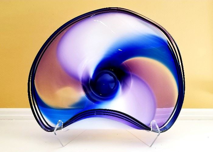 Nikolson 1998 art glass vessel with acrylic stand