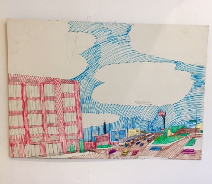 Art work drawn by Wesley Willis, "This is the Chicago Skyline" 1998