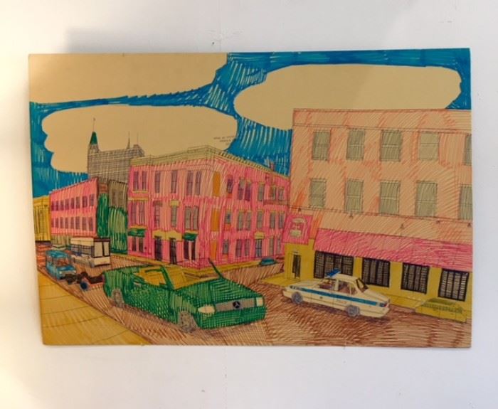 Art work drawn by Wesley Willis "Damen and Concord" 1995 Mixed media on artist board. 42w x 28h (approx) ****SOLD***+