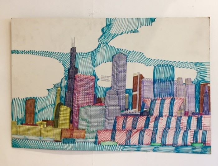 Art work drawn by Wesley Willis art work "Buckingham Fountain" 1997 ***SOLD*****