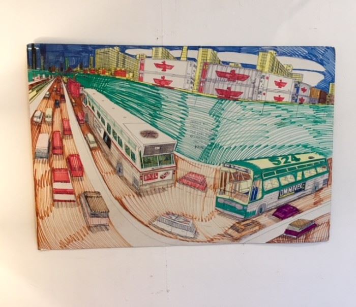 Art work drawn by Wesley Willis, "The Dan Ryan Expressway 35th St" 1996 ****SOLD****