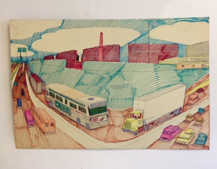 Art work drawn by Wesley Willis, "It's the Dan Ryan Expressway Looking Toward 47th St" 1997 *****SOLD******