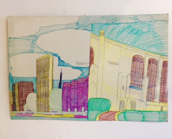 Art work drawn by Wesley Willis of "It's the Shoreline" 1997 and "It's the Rockefeller Chapel" 1997