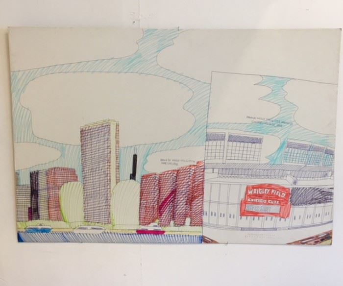 Art work drawn by Wesley Willis of "It's the Shoreline" 1998 and "Chicago Cubs Park" 1998