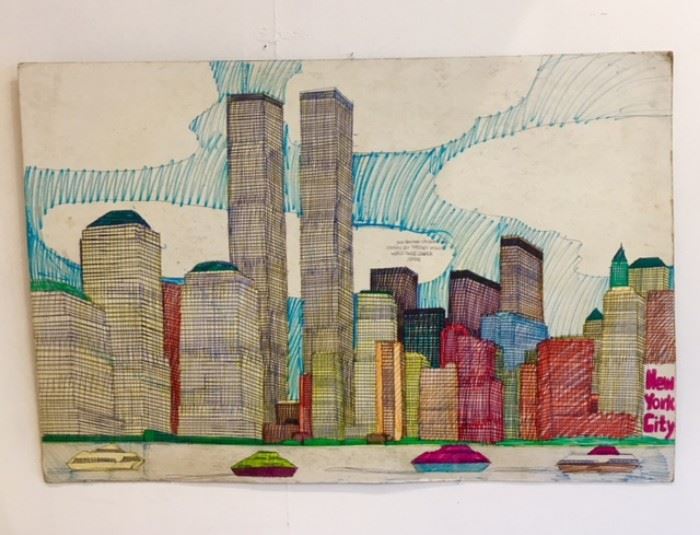 Art work drawn by Wesley Willis of "World Trade Center New Year" 1996