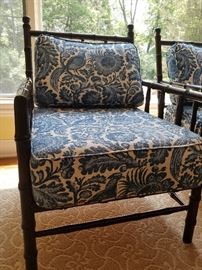Pair of faux bamboo chairs, blue upholstery, 27w x 34d x 38h (19sh)