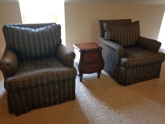 Pair of Baker Club Chairs, dark gray stripe	34w x 38d x 35h