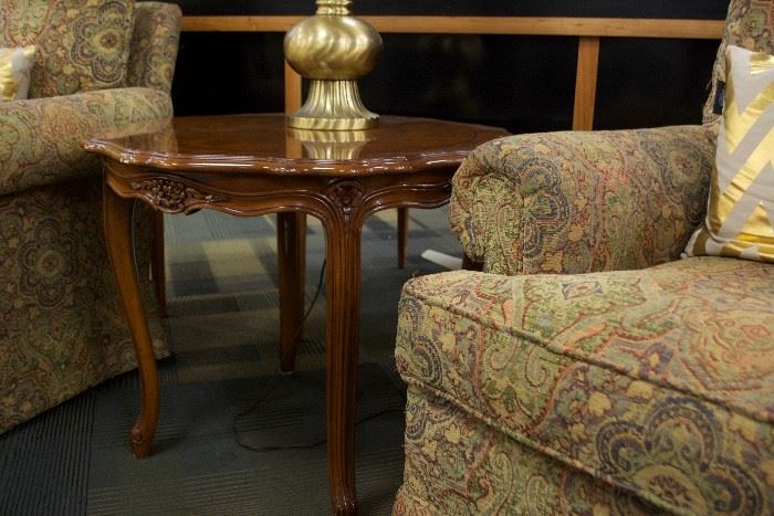 Scalloped rim lamp table, burly grafted walnut veneers, hardwood solid.  By Kargers Furniture Co.  (Appraised at $2,500)  For Sale: $600