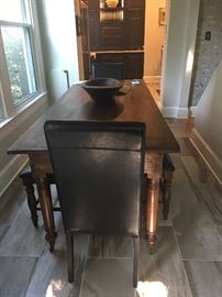 Farm table with leather topped benches 