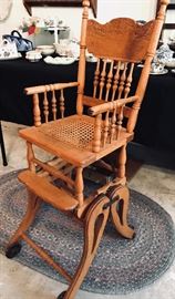 PICTURE 1: Antique High Chair & Stroller Combo. This item, estimated to be from the late 1800s or early 1900s, is mostly made of oak, with steel wheels and hardware. $100